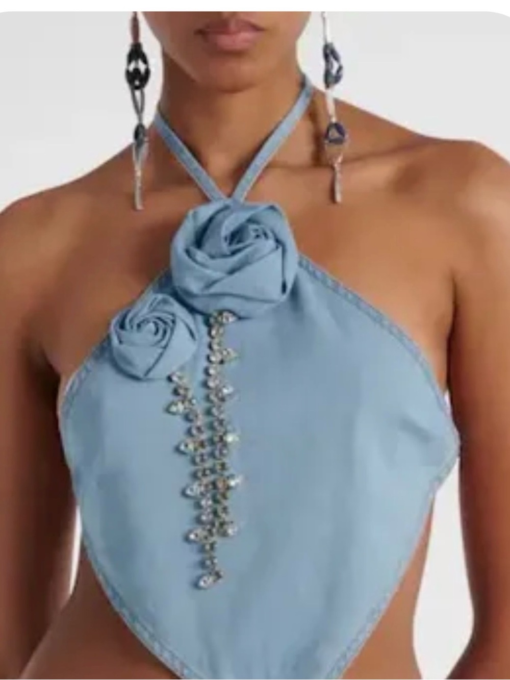 AREA Light Blue Halter Crop Top with Rosette Detail